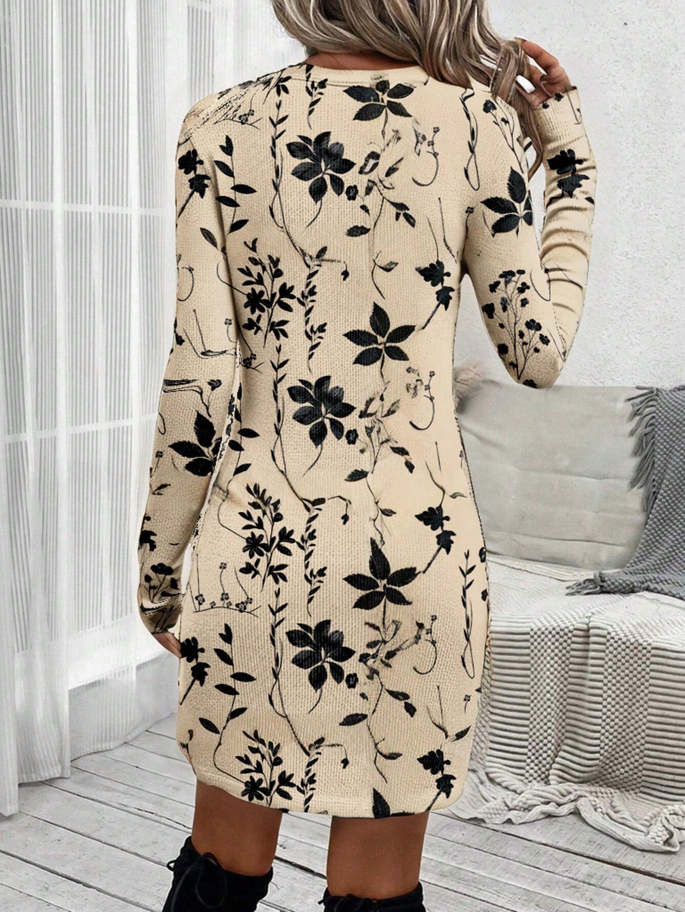 LUNE Women Casual Retro Vintage 70s Floral Print Twist Front Dress For Autumn And Winter Boho Vacation Outfits Chic Date Holiday Black And Beige