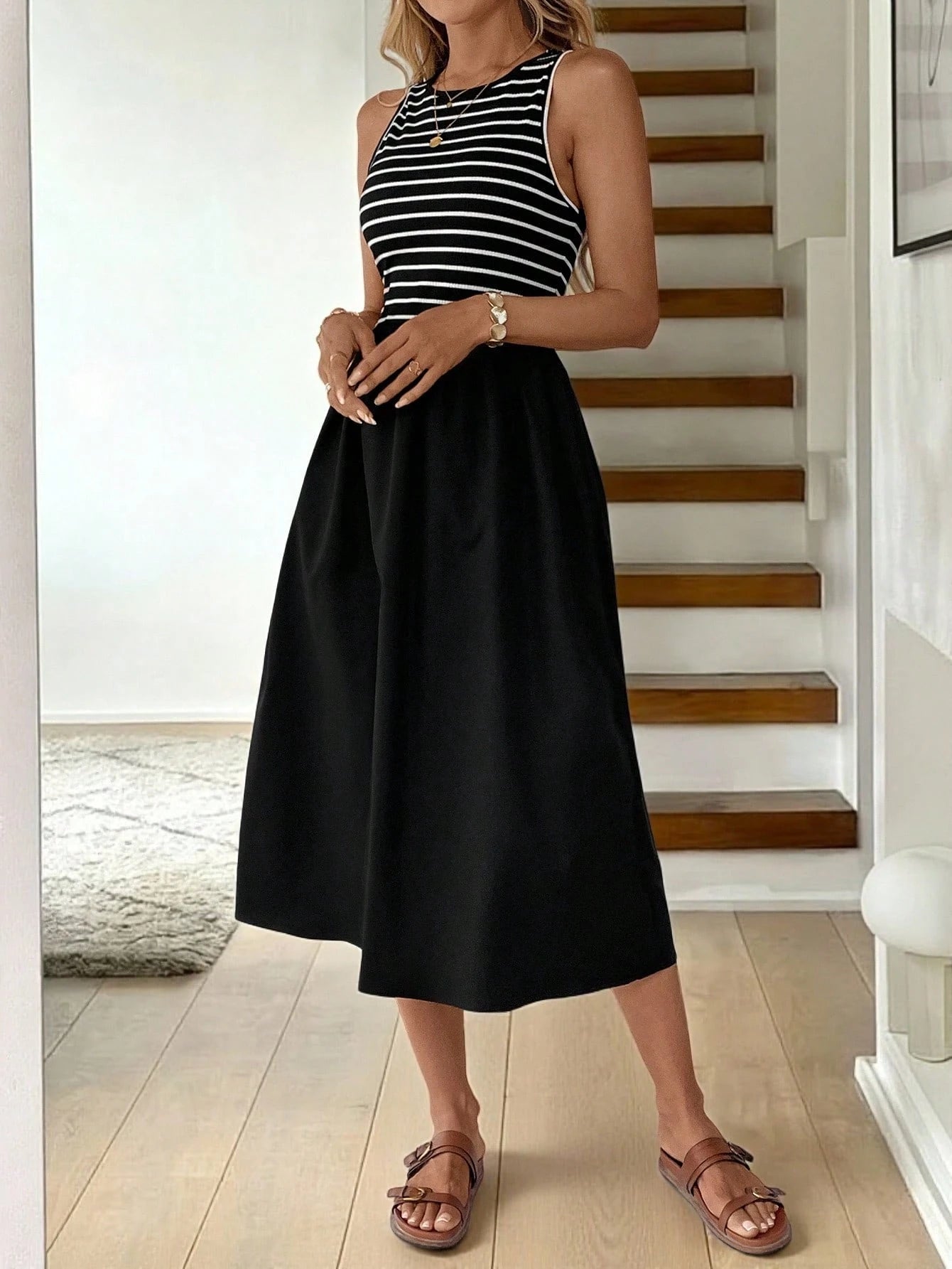 LUNE Women's Casual Striped Patchwork Mid-Length Dress