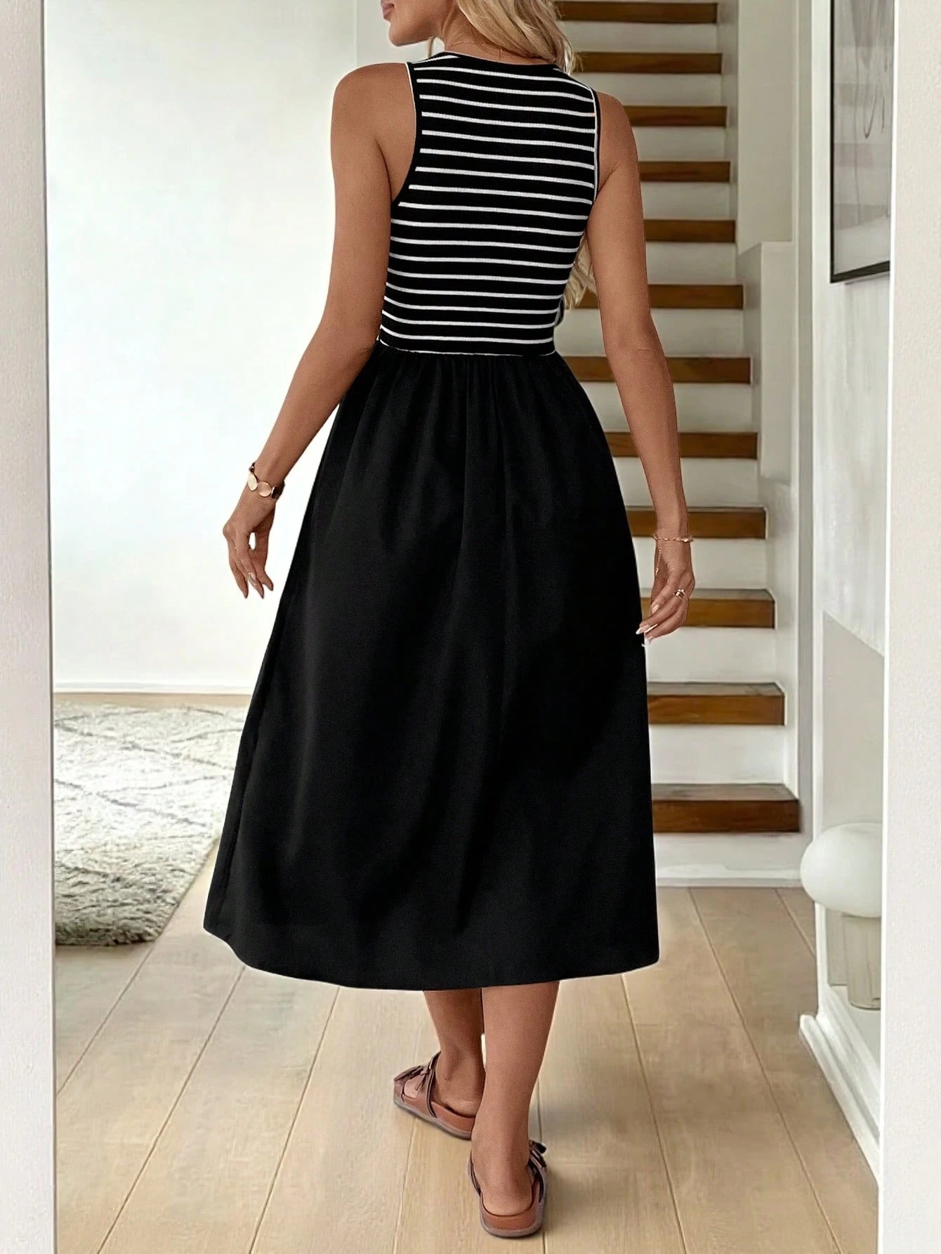LUNE Women's Casual Striped Patchwork Mid-Length Dress