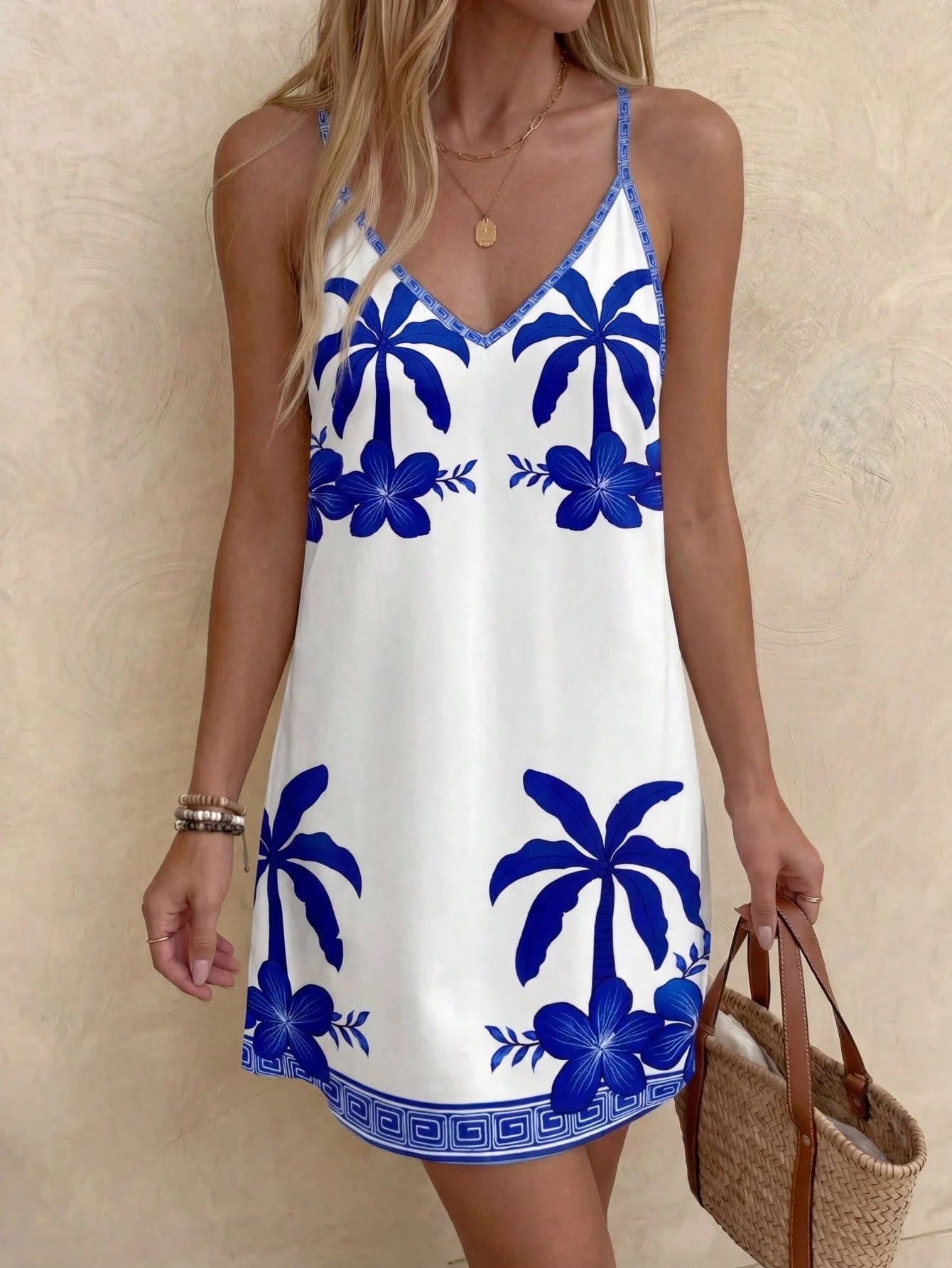 LUNE Women's Casual Tropical Coconut Tree Print Mini Dress, Suitable For Spring/Summer,Vacation,Summer Dress,Vacation Dress Beach Vacation White