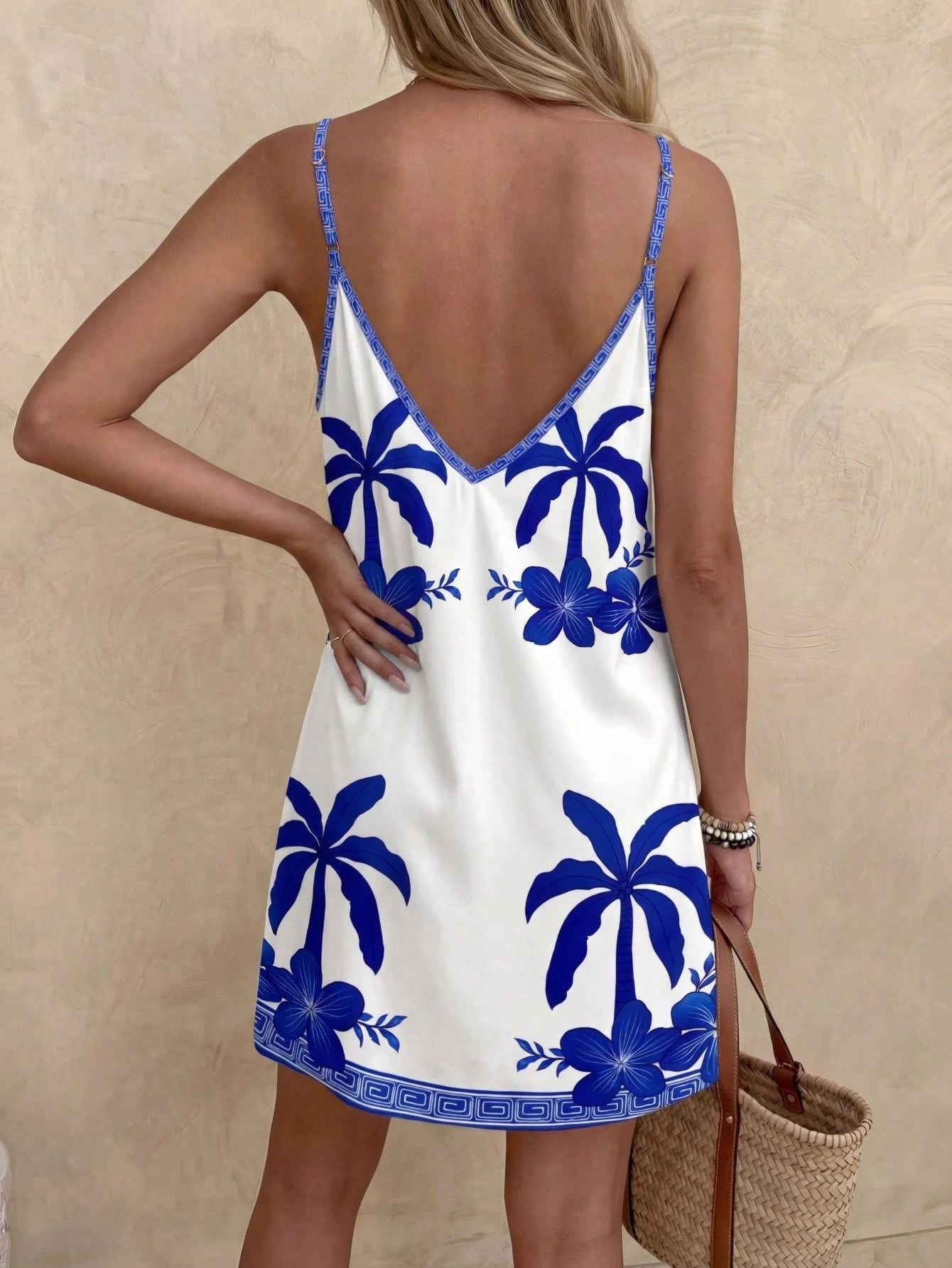 LUNE Women's Casual Tropical Coconut Tree Print Mini Dress, Suitable For Spring/Summer,Vacation,Summer Dress,Vacation Dress Beach Vacation White