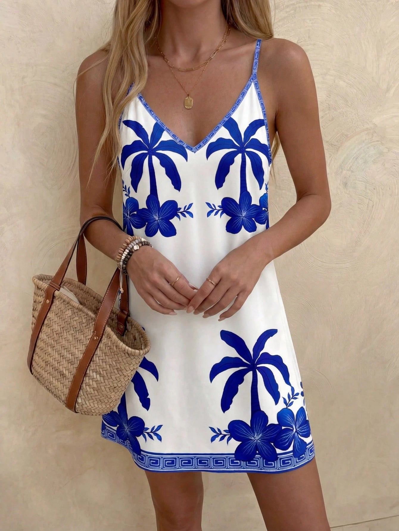 LUNE Women's Casual Tropical Coconut Tree Print Mini Dress, Suitable For Spring/Summer,Vacation,Summer Dress,Vacation Dress Beach Vacation White