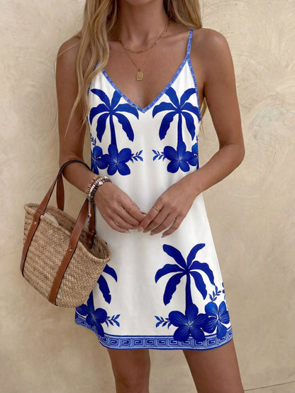 LUNE Women's Casual Tropical Coconut Tree Print Mini Dress, Suitable For Spring/Summer,Vacation,Summer Dress,Vacation Dress Beach Vacation White