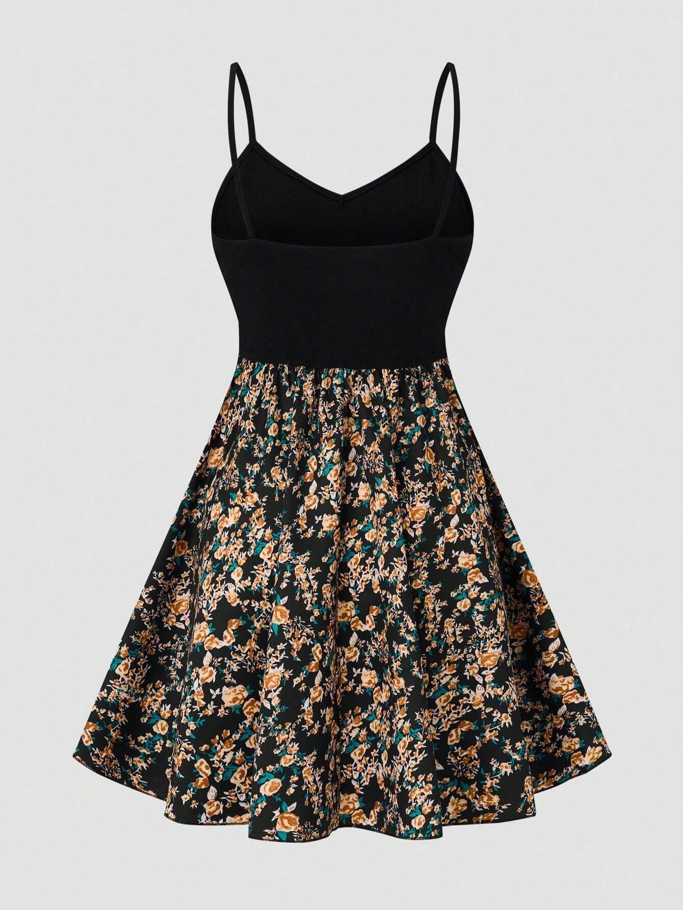 LUNE Women's Ditsy Floral Print Splice Strappy Dress