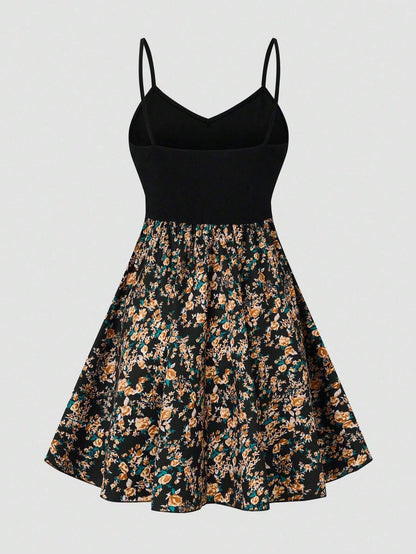 LUNE Women's Ditsy Floral Print Splice Strappy Dress