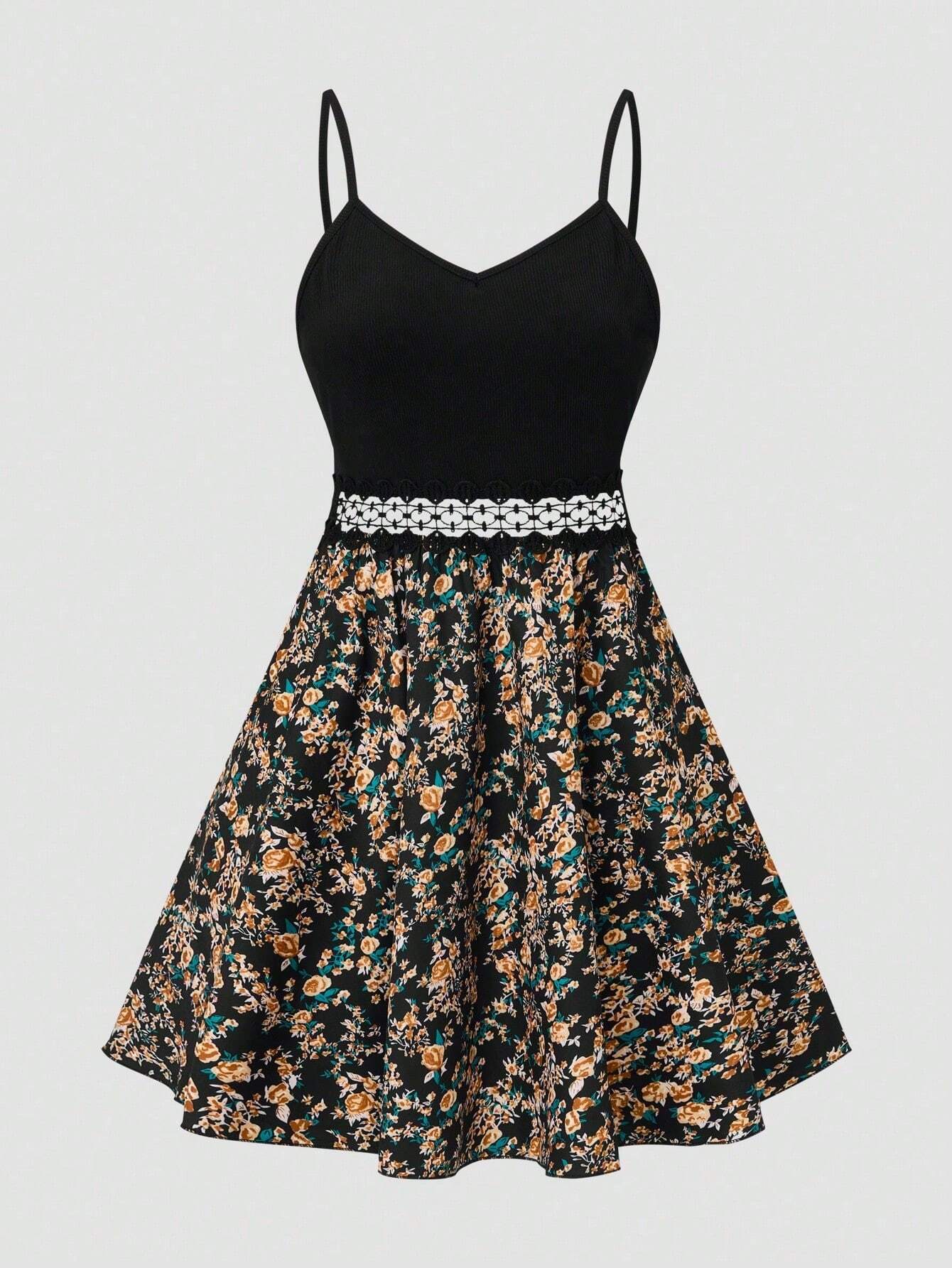 LUNE Women's Ditsy Floral Print Splice Strappy Dress