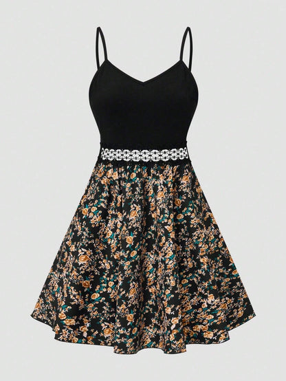 LUNE Women's Ditsy Floral Print Splice Strappy Dress