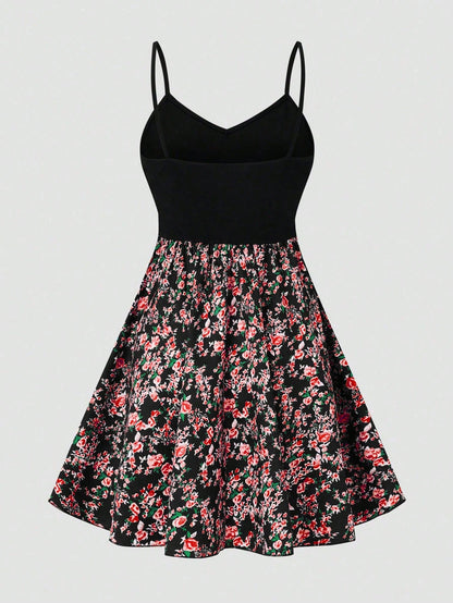 LUNE Women's Ditsy Floral Print Splice Strappy Dress