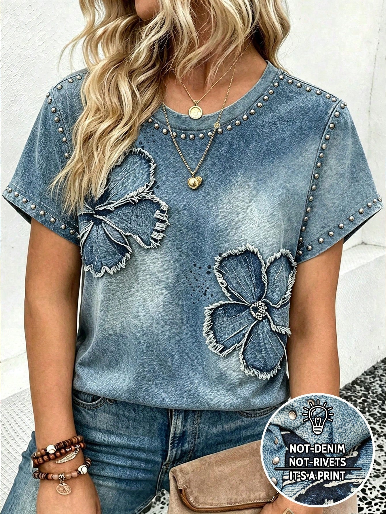 LUNE Women's Plus Size Outerwear Top, Patterned, Blue, Gradient Color, Floral Print, Holiday Outfit, Vintage, Plus Size T-Shirt