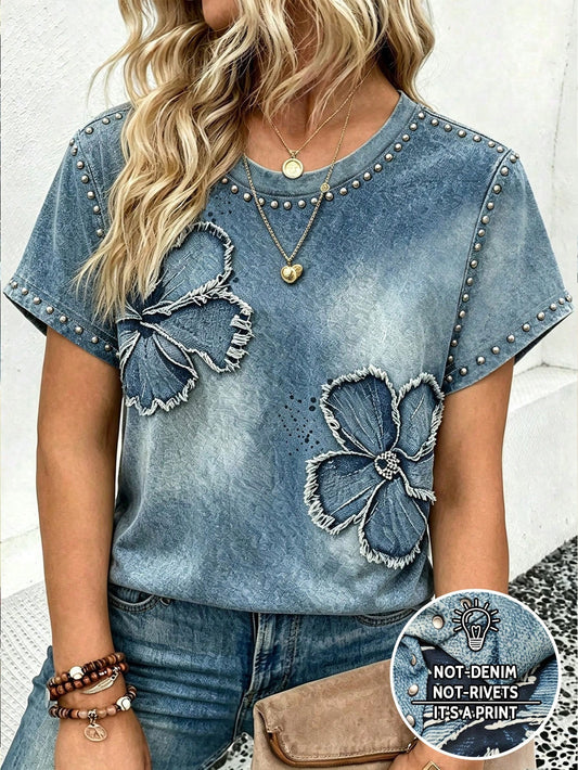 LUNE Women's Plus Size Outerwear Top, Patterned, Blue, Gradient Color, Floral Print, Holiday Outfit, Vintage, Plus Size T-Shirt