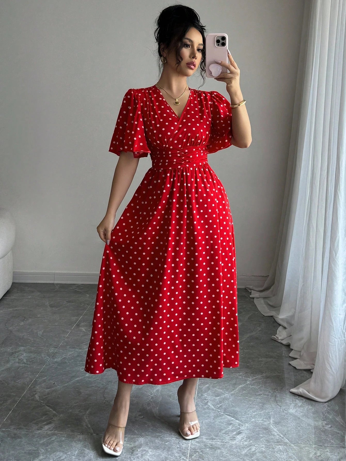 LUNE Women's Polka Dot Print Overlap V-Neck Short Sleeve Elegant Midi Dress