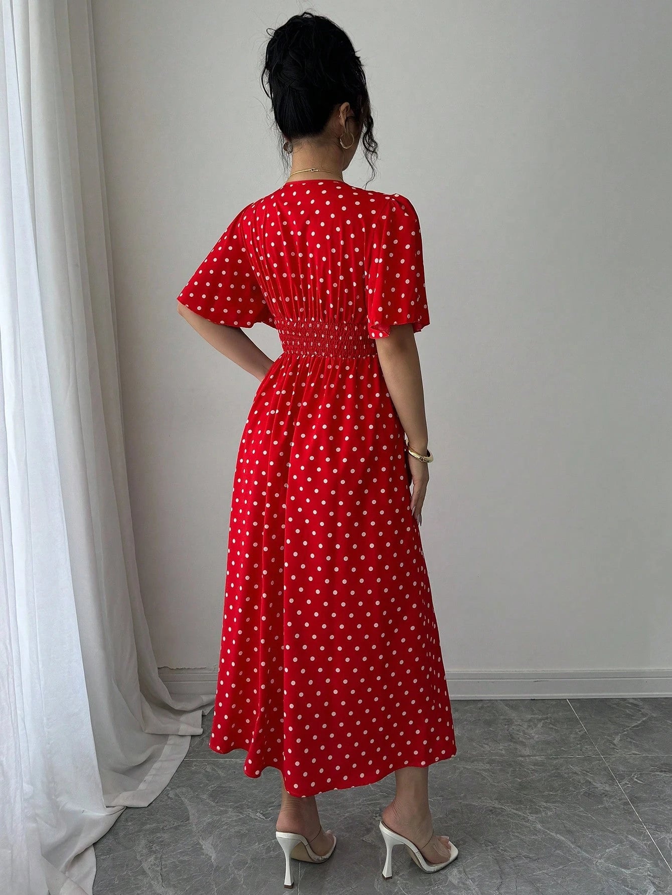 LUNE Women's Polka Dot Print Overlap V-Neck Short Sleeve Elegant Midi Dress