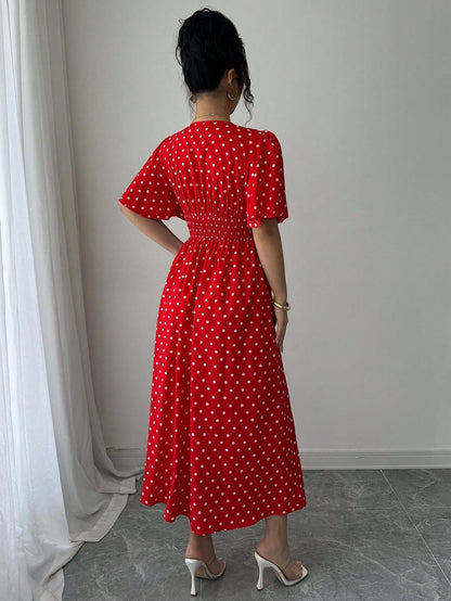 LUNE Women's Polka Dot Print Overlap V-Neck Short Sleeve Elegant Midi Dress