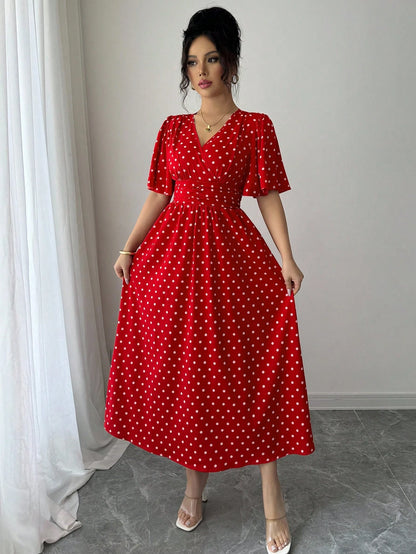LUNE Women's Polka Dot Print Overlap V-Neck Short Sleeve Elegant Midi Dress