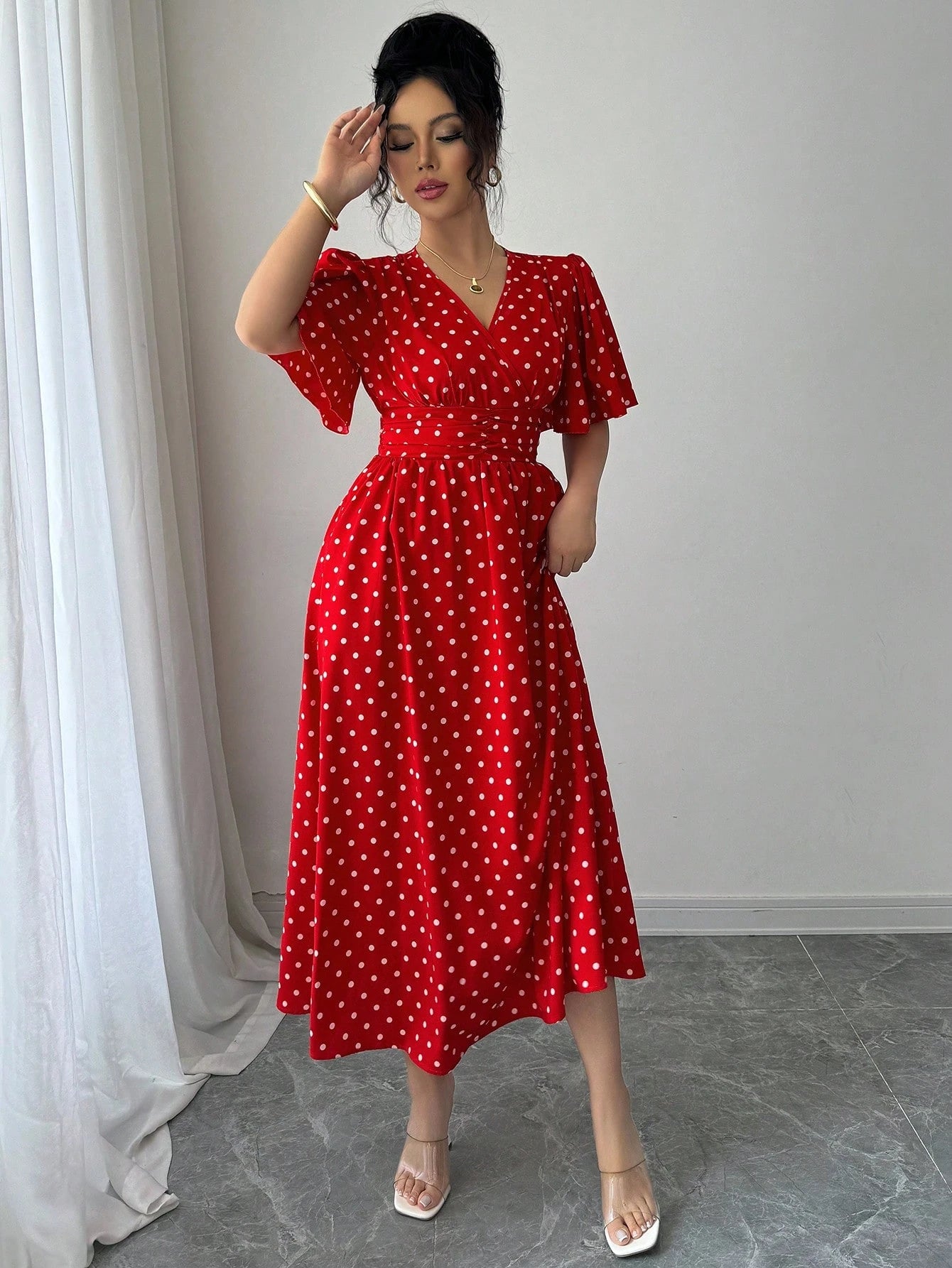 LUNE Women's Polka Dot Print Overlap V-Neck Short Sleeve Elegant Midi Dress