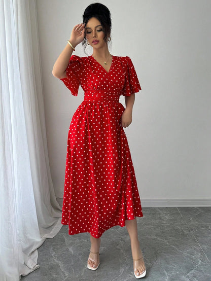LUNE Women's Polka Dot Print Overlap V-Neck Short Sleeve Elegant Midi Dress