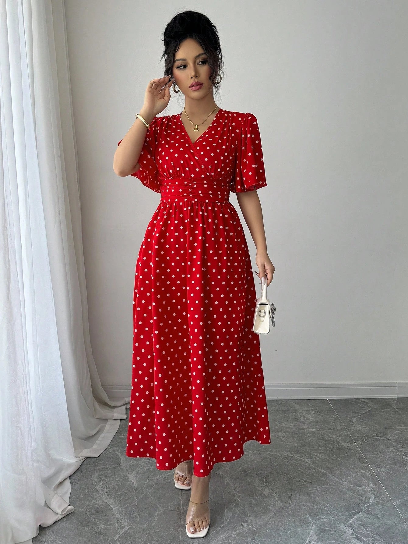 LUNE Women's Polka Dot Print Overlap V-Neck Short Sleeve Elegant Midi Dress