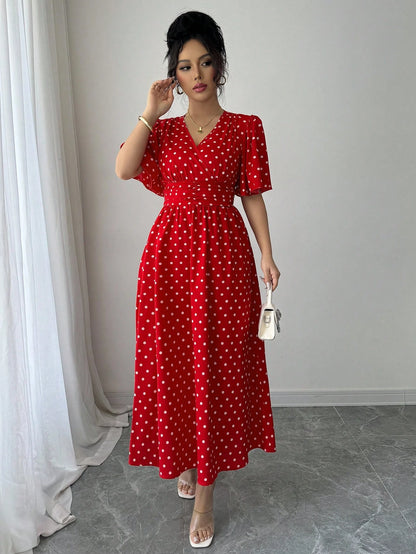 LUNE Women's Polka Dot Print Overlap V-Neck Short Sleeve Elegant Midi Dress