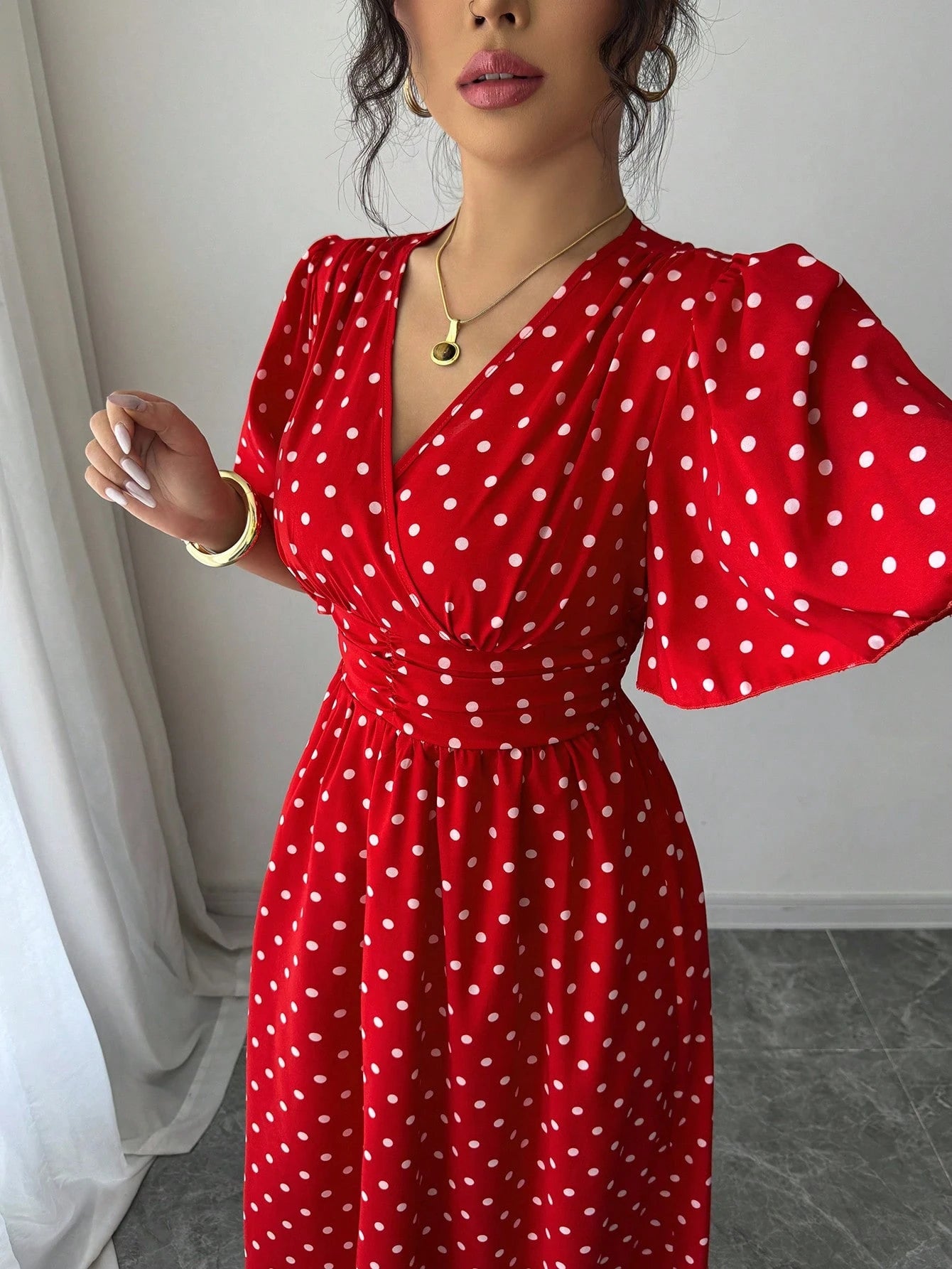 LUNE Women's Polka Dot Print Overlap V-Neck Short Sleeve Elegant Midi Dress