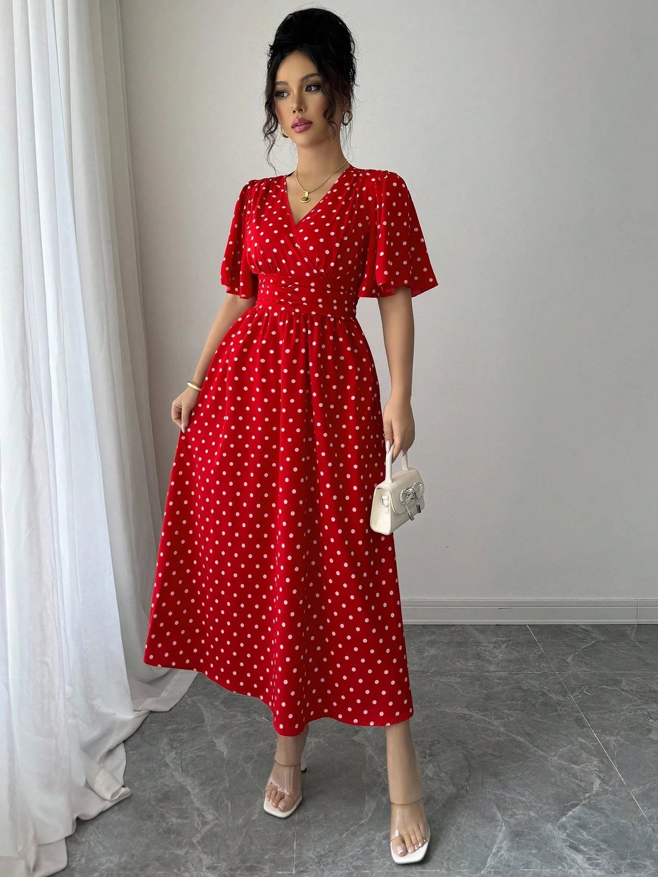 LUNE Women's Polka Dot Print Overlap V-Neck Short Sleeve Elegant Midi Dress
