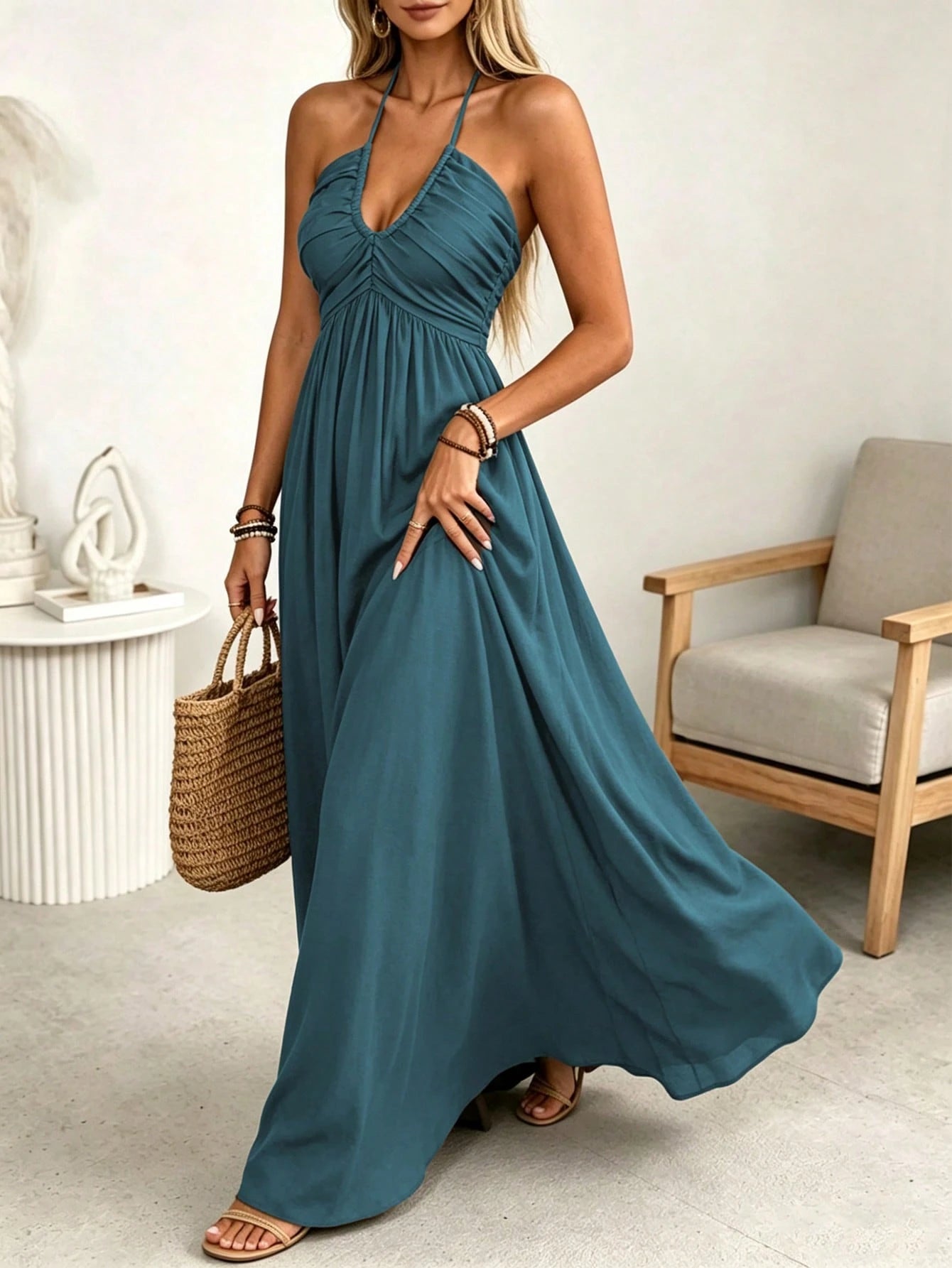 LUNE Women's Spring/Summer Brown Single-Thread Slub Linen Blend Rayon Spaghetti Strap Tie Bow Front Double Layer Pleated Shirred A-Line Back Waist Gathered Elastic A-Line Long Cami Dress, Elegan