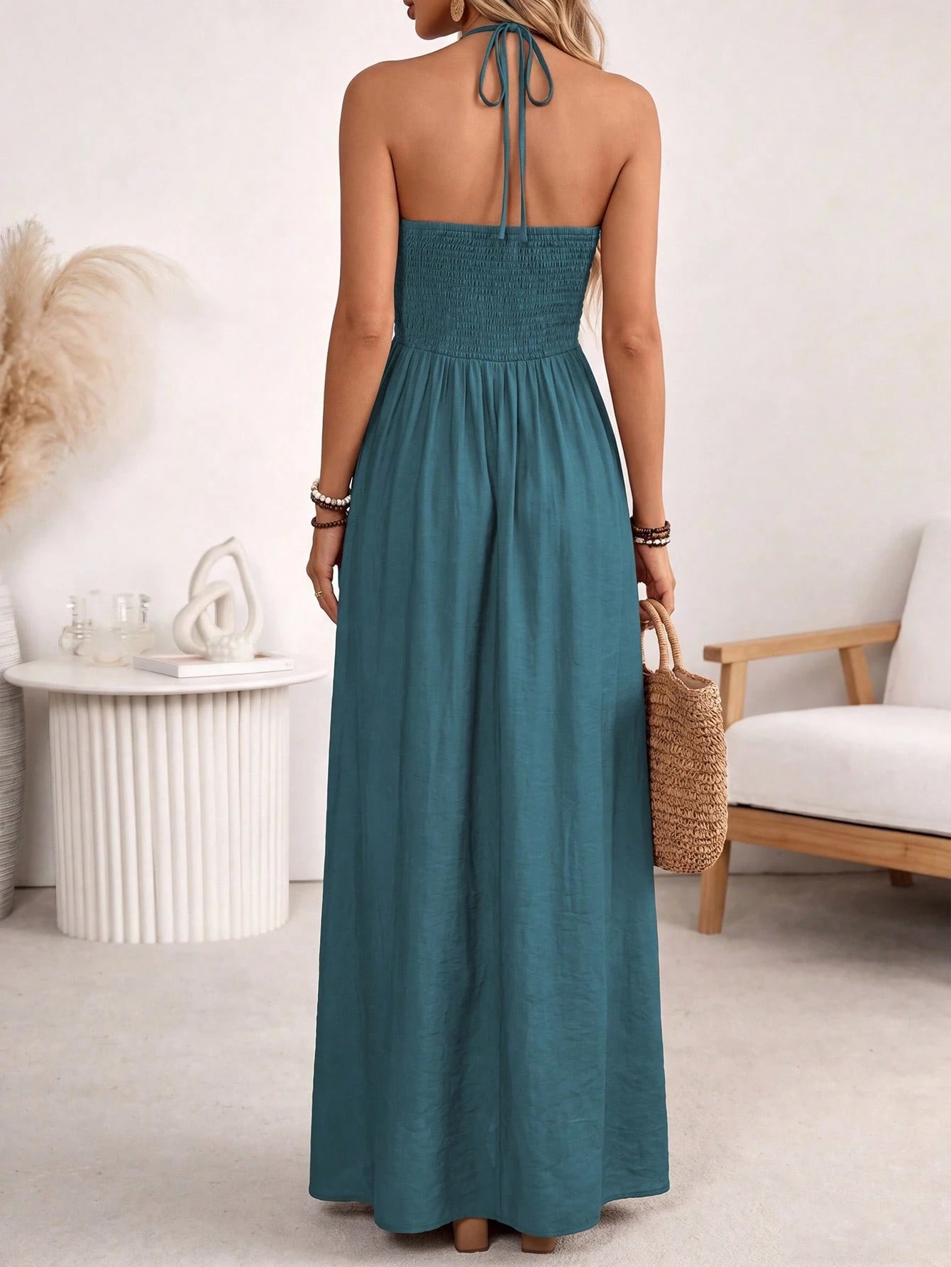 LUNE Women's Spring/Summer Brown Single-Thread Slub Linen Blend Rayon Spaghetti Strap Tie Bow Front Double Layer Pleated Shirred A-Line Back Waist Gathered Elastic A-Line Long Cami Dress, Elegan