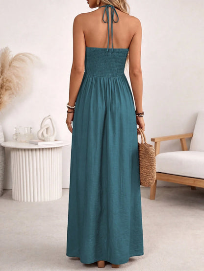 LUNE Women's Spring/Summer Brown Single-Thread Slub Linen Blend Rayon Spaghetti Strap Tie Bow Front Double Layer Pleated Shirred A-Line Back Waist Gathered Elastic A-Line Long Cami Dress, Elegan
