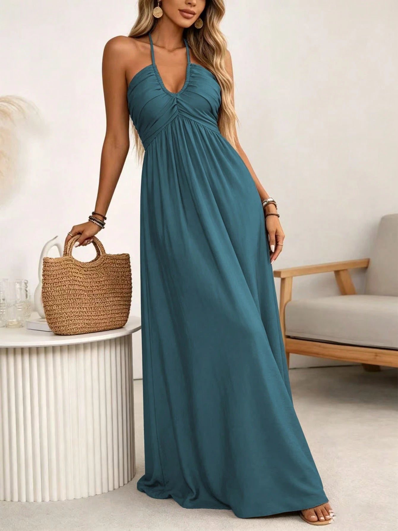 LUNE Women's Spring/Summer Brown Single-Thread Slub Linen Blend Rayon Spaghetti Strap Tie Bow Front Double Layer Pleated Shirred A-Line Back Waist Gathered Elastic A-Line Long Cami Dress, Elegan