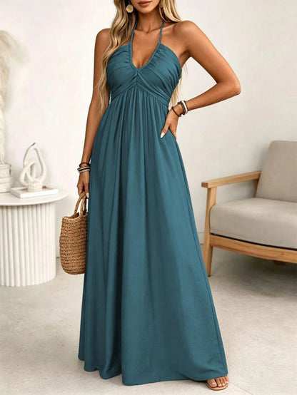 LUNE Women's Spring/Summer Brown Single-Thread Slub Linen Blend Rayon Spaghetti Strap Tie Bow Front Double Layer Pleated Shirred A-Line Back Waist Gathered Elastic A-Line Long Cami Dress, Elegan