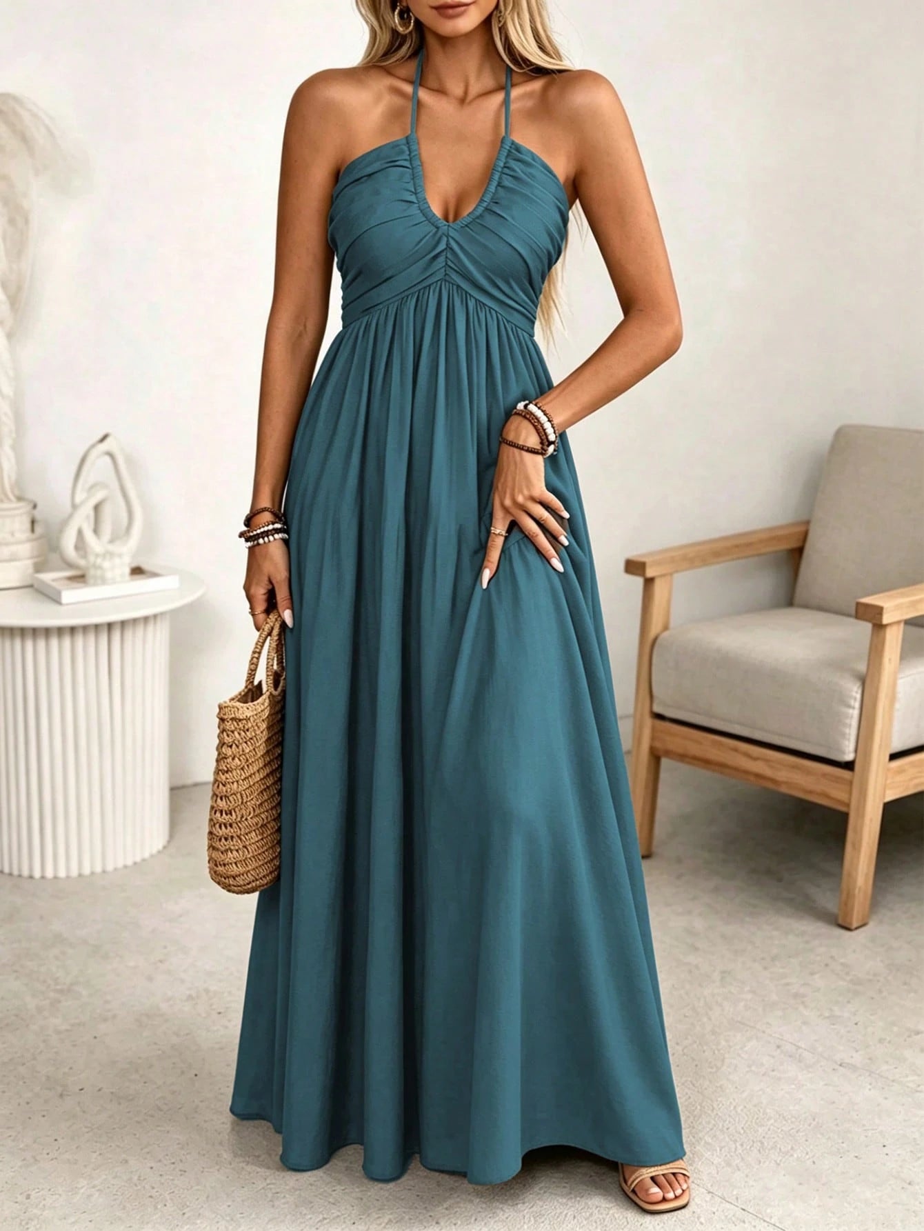 LUNE Women's Spring/Summer Brown Single-Thread Slub Linen Blend Rayon Spaghetti Strap Tie Bow Front Double Layer Pleated Shirred A-Line Back Waist Gathered Elastic A-Line Long Cami Dress, Elegan