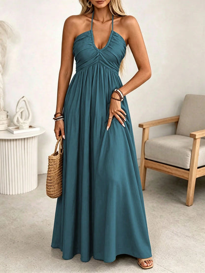 LUNE Women's Spring/Summer Brown Single-Thread Slub Linen Blend Rayon Spaghetti Strap Tie Bow Front Double Layer Pleated Shirred A-Line Back Waist Gathered Elastic A-Line Long Cami Dress, Elegan