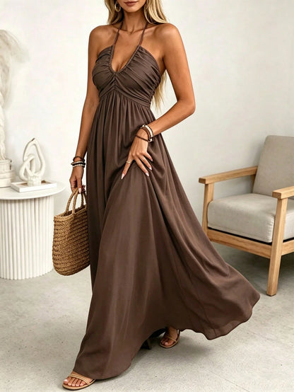LUNE Women's Spring/Summer Brown Single-Thread Slub Linen Blend Rayon Spaghetti Strap Tie Bow Front Double Layer Pleated Shirred A-Line Back Waist Gathered Elastic A-Line Long Cami Dress, Elegan