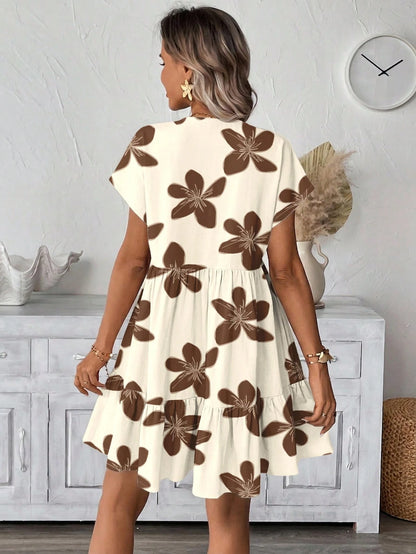 LUNE Women's White Printed Vacation Short Dress Vacation Summer Boho Casual