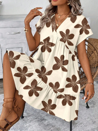 LUNE Women's White Printed Vacation Short Dress Vacation Summer Boho Casual
