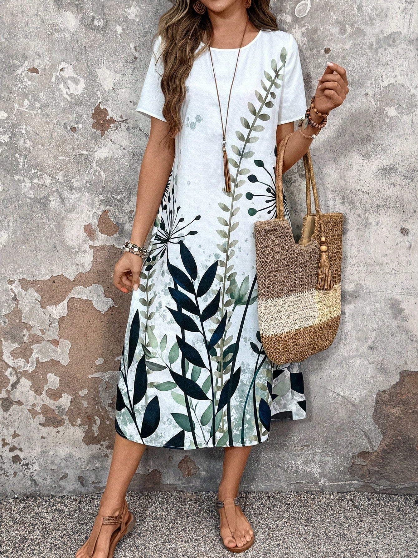 LUNE Women Vacation Casual Plant Printed Short Sleeve Dress