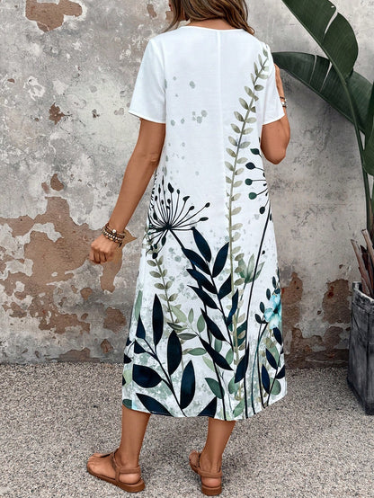 LUNE Women Vacation Casual Plant Printed Short Sleeve Dress