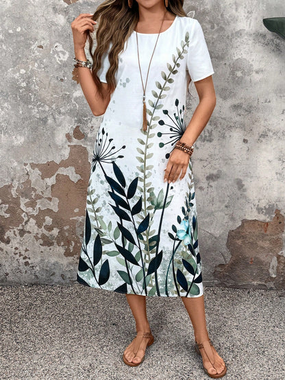 LUNE Women Vacation Casual Plant Printed Short Sleeve Dress