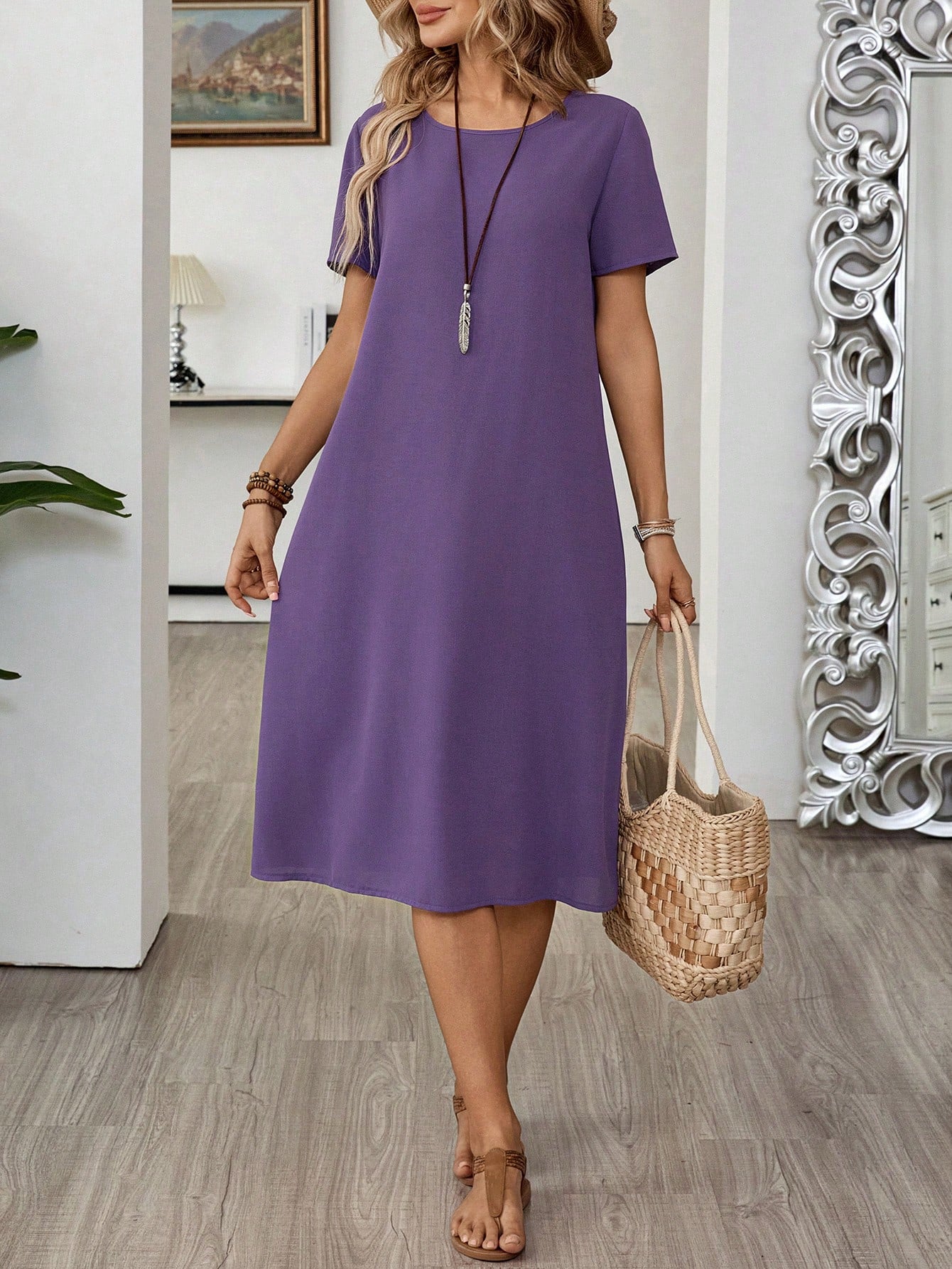LUNE Women Vacation Casual Plant Printed Short Sleeve Dress