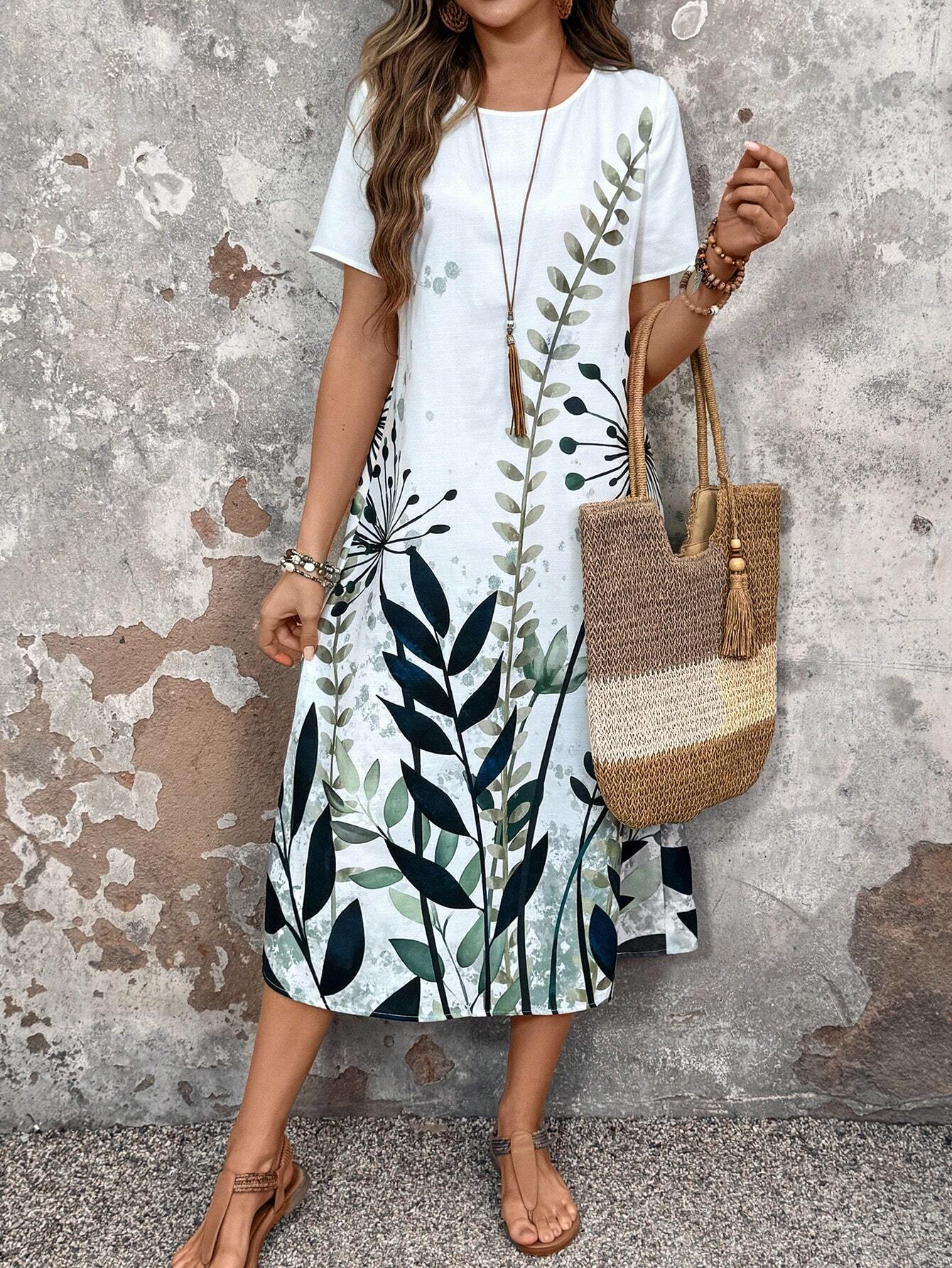 LUNE Women Vacation Casual Plant Printed Short Sleeve Dress