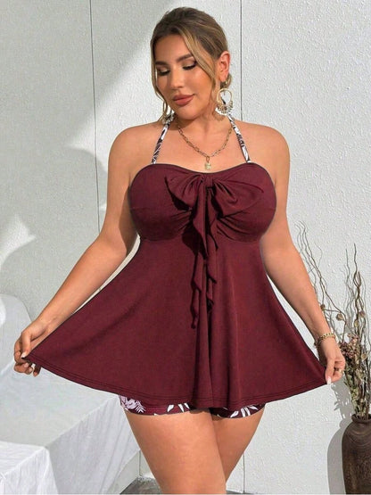 Lushoire Plus Size Women 2pcs Set Leaf Printed Loose Crop Top And Shorts Beach Pool Resort Tankini Bikini Set Set Summer Beach Vacation
