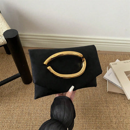 Luxury Black Flap Clutch Bag For Women With Metal Handle, High-End Evening Bag, Fashion Wrist Bag, PU Material