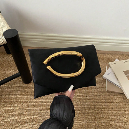 Luxury Black Flap Clutch Bag For Women With Metal Handle, High-End Evening Bag, Fashion Wrist Bag, PU Material