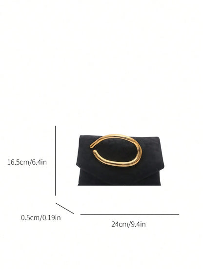 Luxury Black Flap Clutch Bag For Women With Metal Handle, High-End Evening Bag, Fashion Wrist Bag, PU Material