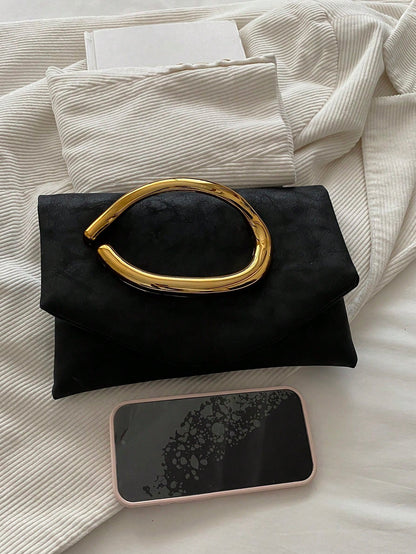 Luxury Black Flap Clutch Bag For Women With Metal Handle, High-End Evening Bag, Fashion Wrist Bag, PU Material
