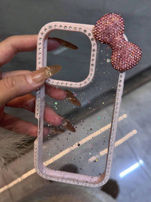 Luxury Bowknot Fashion Crystal Shiny Epoxy Glitter Transparent Phone Case, Compatible With Iphone 17/16 Pro Max/15/14/13, Shock-Proof Protective Frame Hard Acrylic Protective Cover Birthday Gift Party