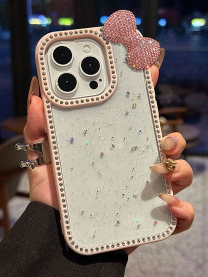 Luxury Bowknot Fashion Crystal Shiny Epoxy Glitter Transparent Phone Case, Compatible With Iphone 17/16 Pro Max/15/14/13, Shock-Proof Protective Frame Hard Acrylic Protective Cover Birthday Gift Party
