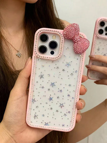 Luxury Bowknot Fashion Crystal Shiny Epoxy Glitter Transparent Phone Case, Compatible With Iphone 17/16 Pro Max/15/14/13, Shock-Proof Protective Frame Hard Acrylic Protective Cover Birthday Gift Party