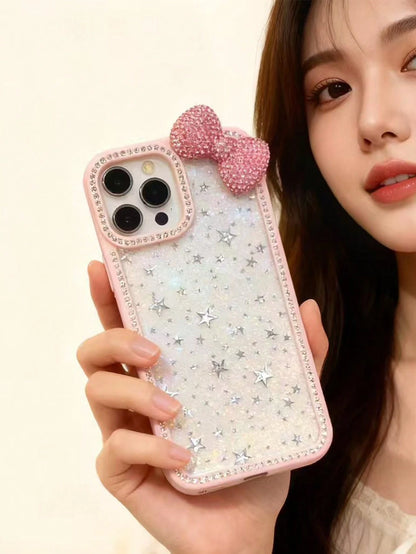 Luxury Bowknot Fashion Crystal Shiny Epoxy Glitter Transparent Phone Case, Compatible With Iphone 17/16 Pro Max/15/14/13, Shock-Proof Protective Frame Hard Acrylic Protective Cover Birthday Gift Party