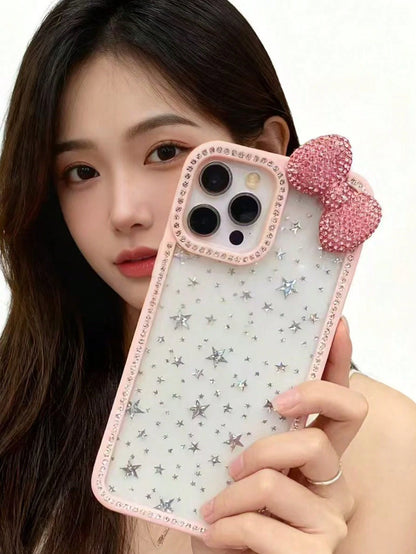 Luxury Bowknot Fashion Crystal Shiny Epoxy Glitter Transparent Phone Case, Compatible With Iphone 17/16 Pro Max/15/14/13, Shock-Proof Protective Frame Hard Acrylic Protective Cover Birthday Gift Party