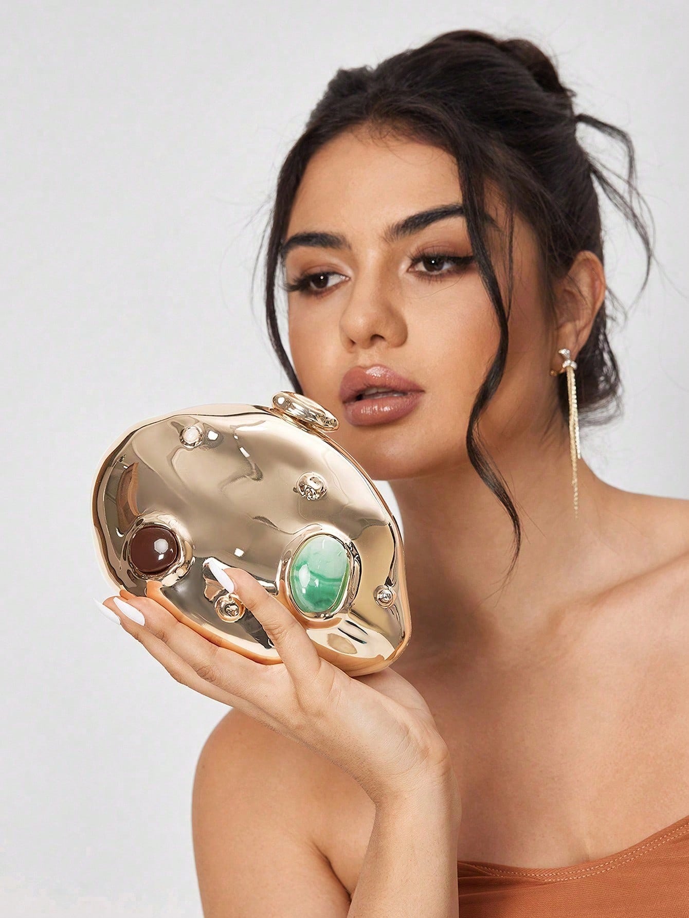 Luxury Gold Hard Box EveningBag Colored Stone Inlay Clutch Crossbody Purse Elegant Perfect For Cocktail Party Prom Club Date Night Birthdaygold Purse